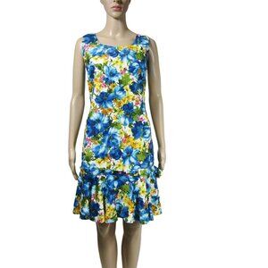 VINTAGE 70s S Blue Hawaiian Floral Tropical Luau Retro Mod Ruffle Dress